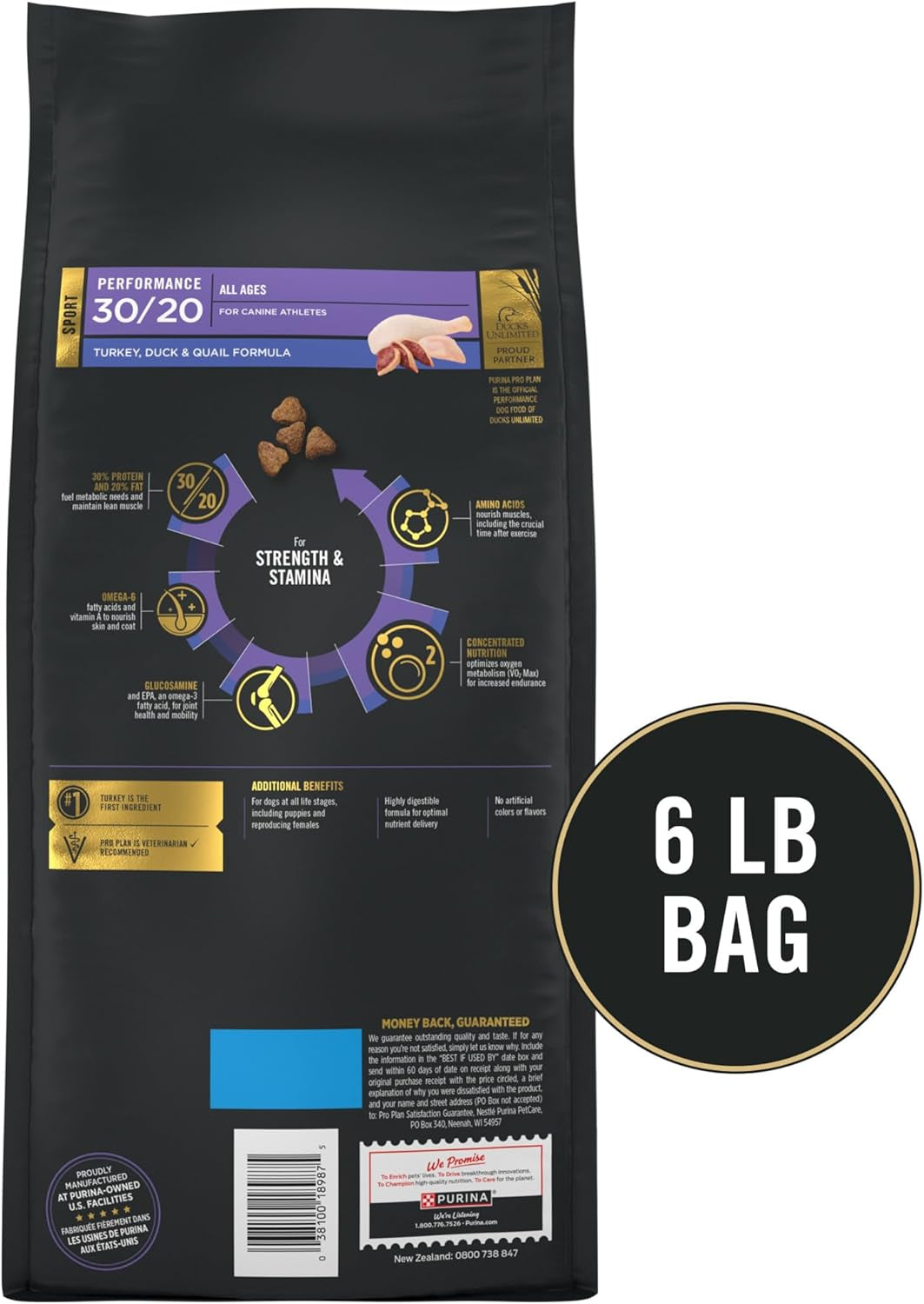 Sport Performance 30/20 Turkey Duck Quail Formula Dry Dog Food, High Protein Dog Food - 6 Lb. Bag